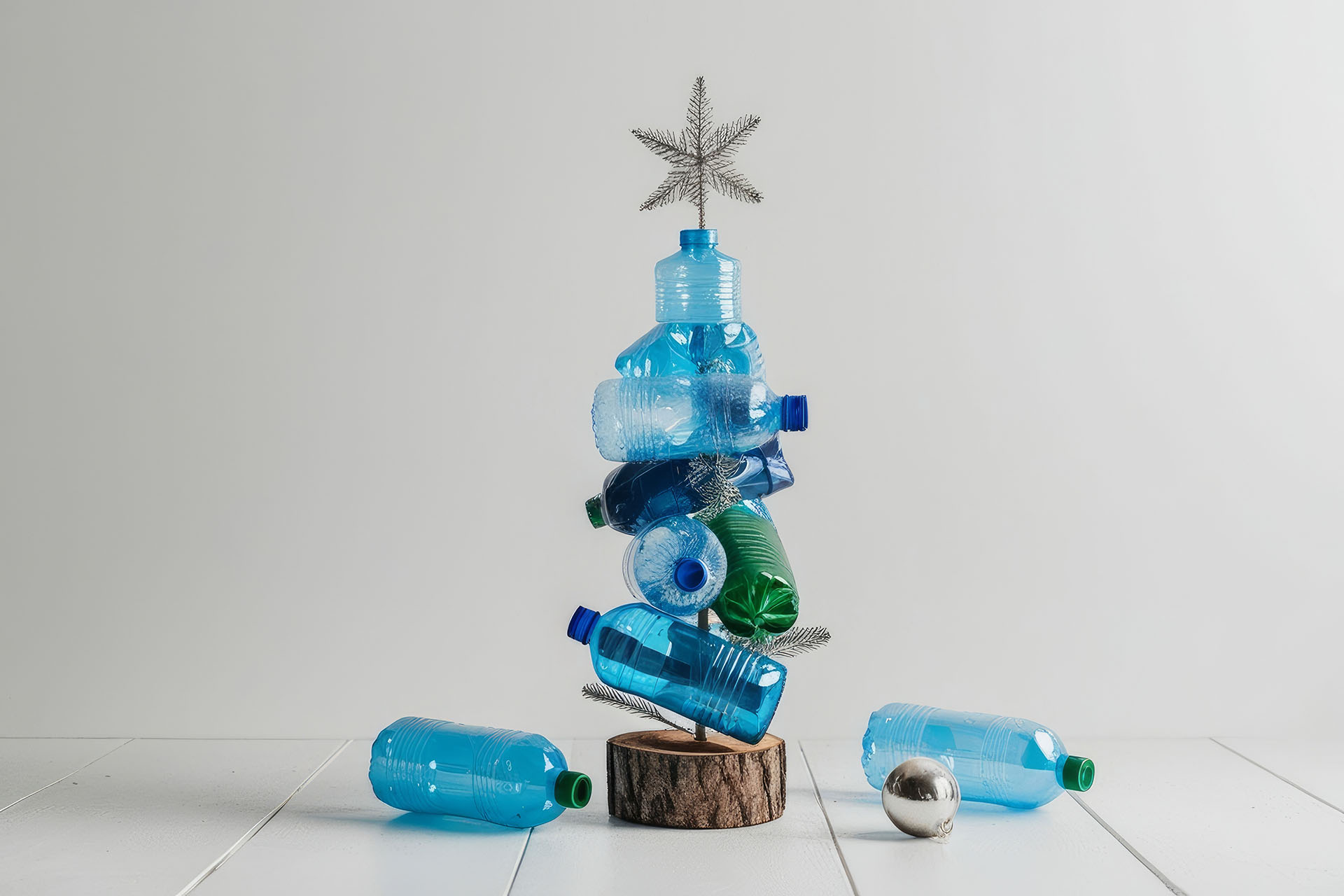 Christmas tree made from recycled plastic bottles with decorations. Concept of recycling plastic waste, proper disposal of garbage. AI generated