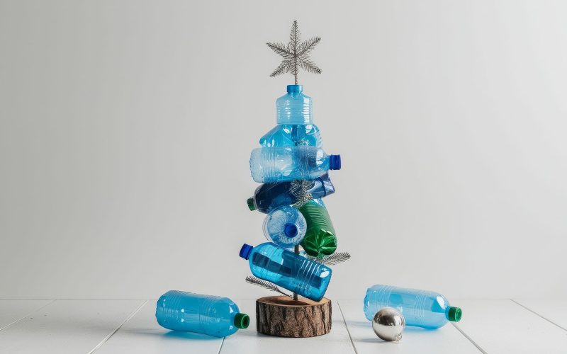 Christmas tree made from recycled plastic bottles with decorations. Concept of recycling plastic waste, proper disposal of garbage. AI generated